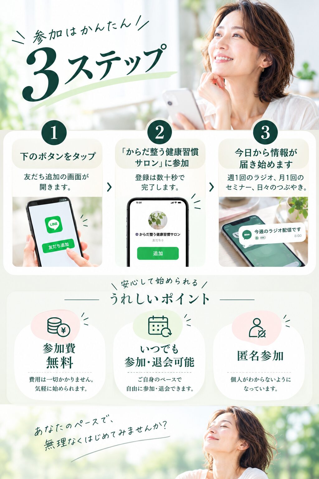参加はかんたん3ステップ。安心して始められるうれしいポイント。